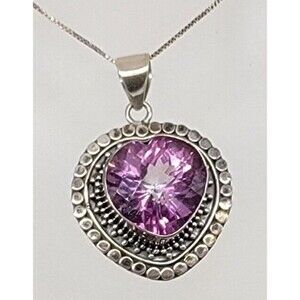 Purple Amethyst Heart Pendant Chain Necklace 925 Sterling Silver Italy Sparkly!